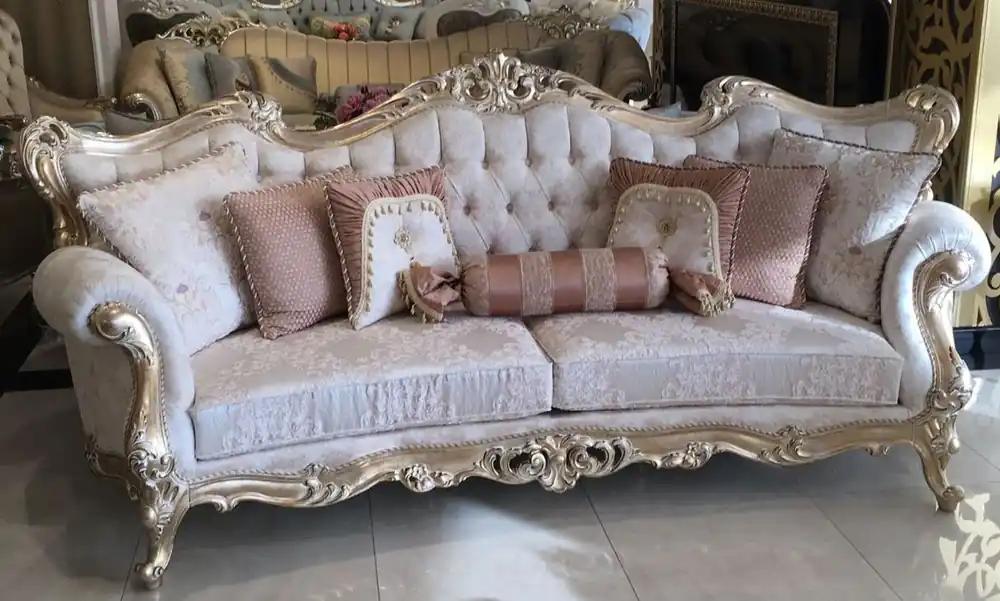 Finale Aktion Casa Padrino luxury baroque living room sofa cream / pink / gold 300 x 98 x H. 120 cm - Magnificent sofa in baroque style - Noble baroque living room furniture
