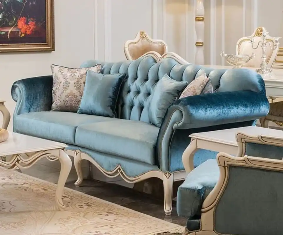 Direktkauf Casa Padrino luxury baroque sofa blue / white 225 x 87 x H. 101 cm - Living room sofa with decorative pillows - Living room furniture in baroque style