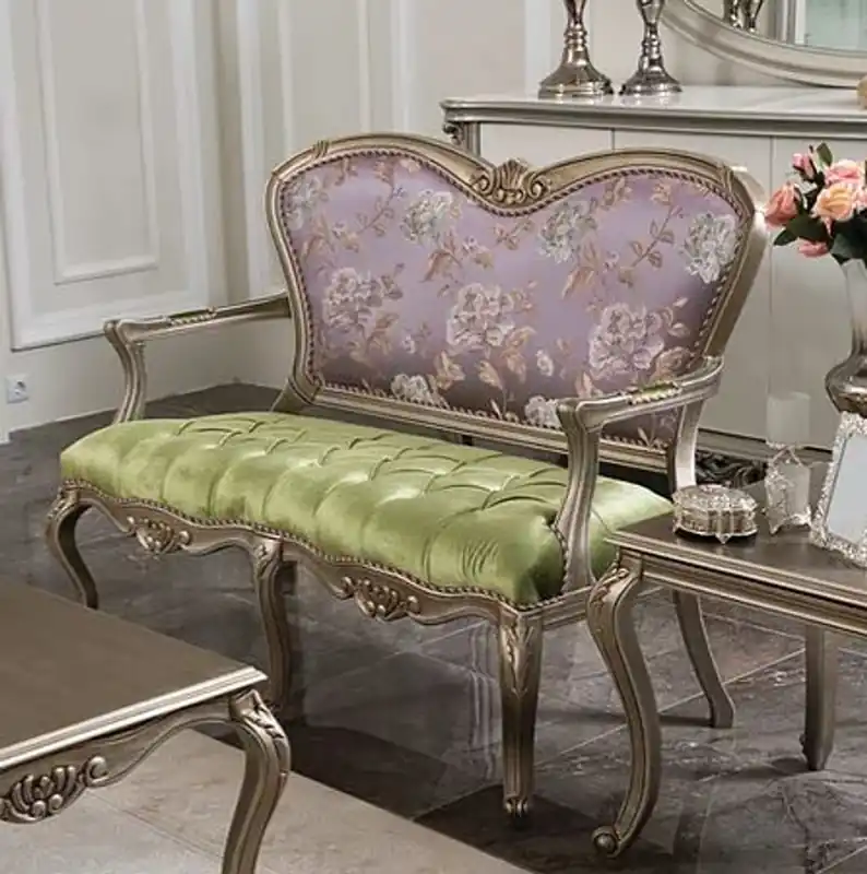 Casa Padrino luxury baroque bench purple / green / silver 125 x 60 x H. 103 cm - Living room bench with flower pattern - Baroque living room furniture - Noble & Magnificent Schnäppchen