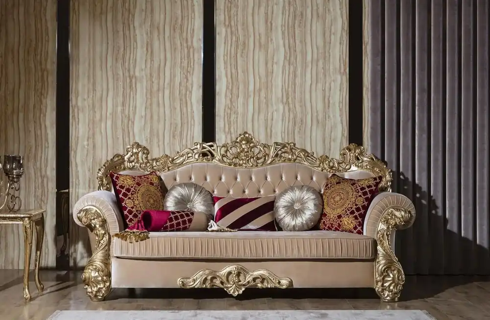 Casa Padrino luxury baroque sofa beige / gold 244 x 95 x H. 123 cm - Magnificent living room sofa with decorative pillows - Baroque living room furniture Preisknaller