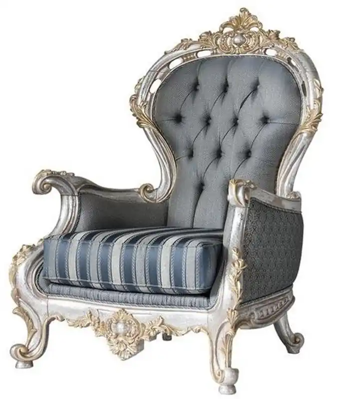 Preisknaller Casa Padrino luxury baroque living room armchair with decorative pillow gray / blue / silver / gold 82 x 75 x H. 122 cm - Noble & Magnificent