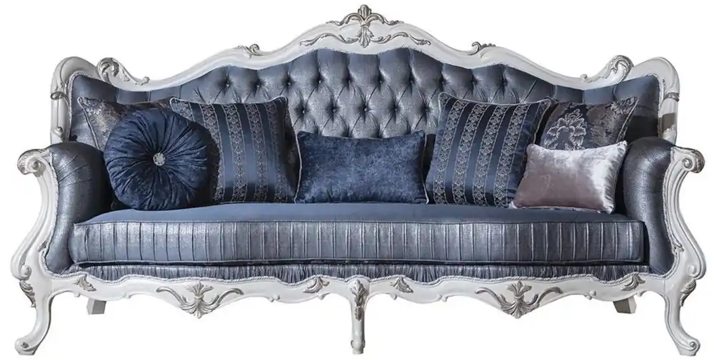 Casa Padrino luxury baroque living room sofa with decorative pillows blue / white / silver 240 x 90 x H. 120 cm - Magnificent baroque furniture Preis Gesenkt
