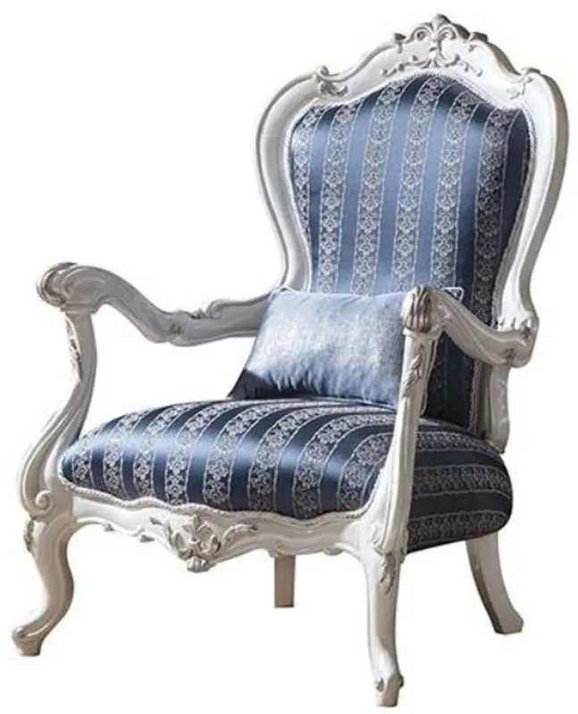 Markenprodukt Casa Padrino luxury baroque living room armchair with decorative pillow blue / white / silver 80 x 75 x H. 120 cm - Magnificent baroque furniture