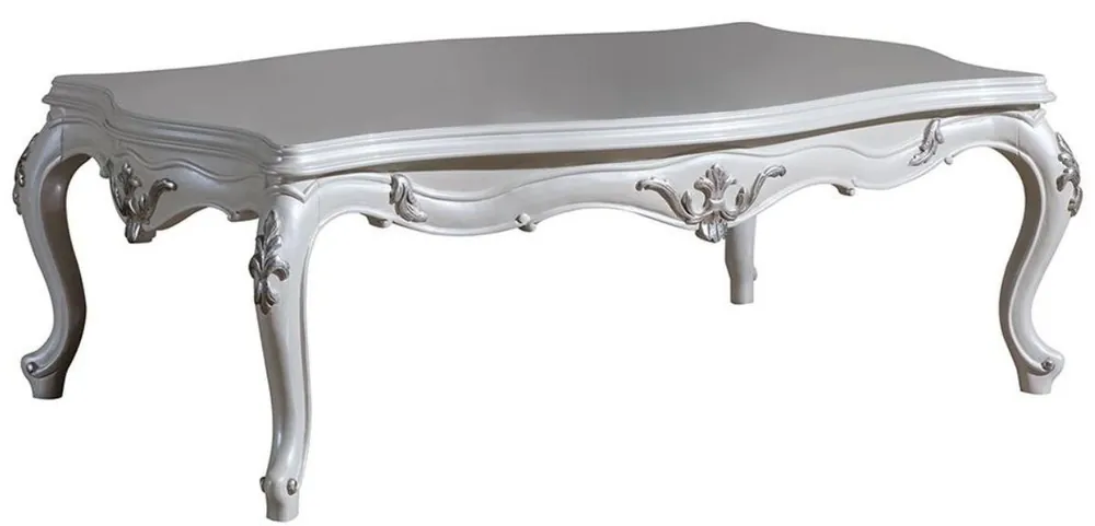 Casa Padrino luxury baroque coffee table white / silver 125 x 85 x H. 47 cm - Rectangular solid wood living room table - Magnificent baroque furniture Preisreduziert
