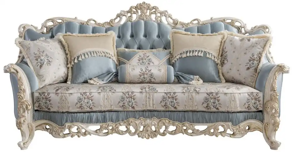 Sale Casa Padrino luxury baroque living room sofa with decorative pillows light blue / cream / white / gold 240 x 90 x H. 120 cm - Noble baroque living room furniture