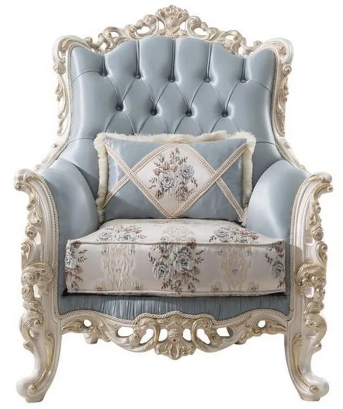 Neu Casa Padrino luxury baroque living room armchair with decorative pillow light blue / cream / white / gold 97 x 90 x H. 120 cm - Noble baroque living room furniture