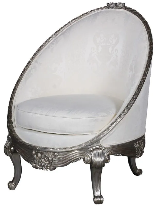Casa Padrino luxury baroque armchair white / silver 80 x 87 x H. 100 cm - Noble living room armchair in egg shape - Baroque living room furniture Nur Heute