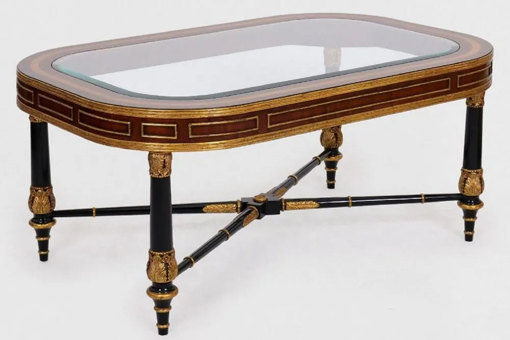 Finale Aktion Casa Padrino luxury baroque coffee table brown / black / gold 122 x 81 x H. 56 cm - Noble solid wood living room table with glass top - Baroque Furniture