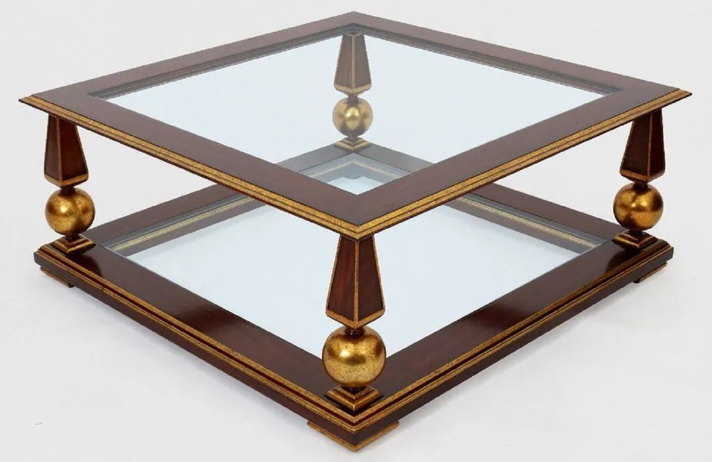 Sonderangebot Casa Padrino luxury baroque coffee table dark brown / antique gold 113 x 113 x H. 47 cm - Magnificent solid wood living room table with glass plates - Baroque living room furniture