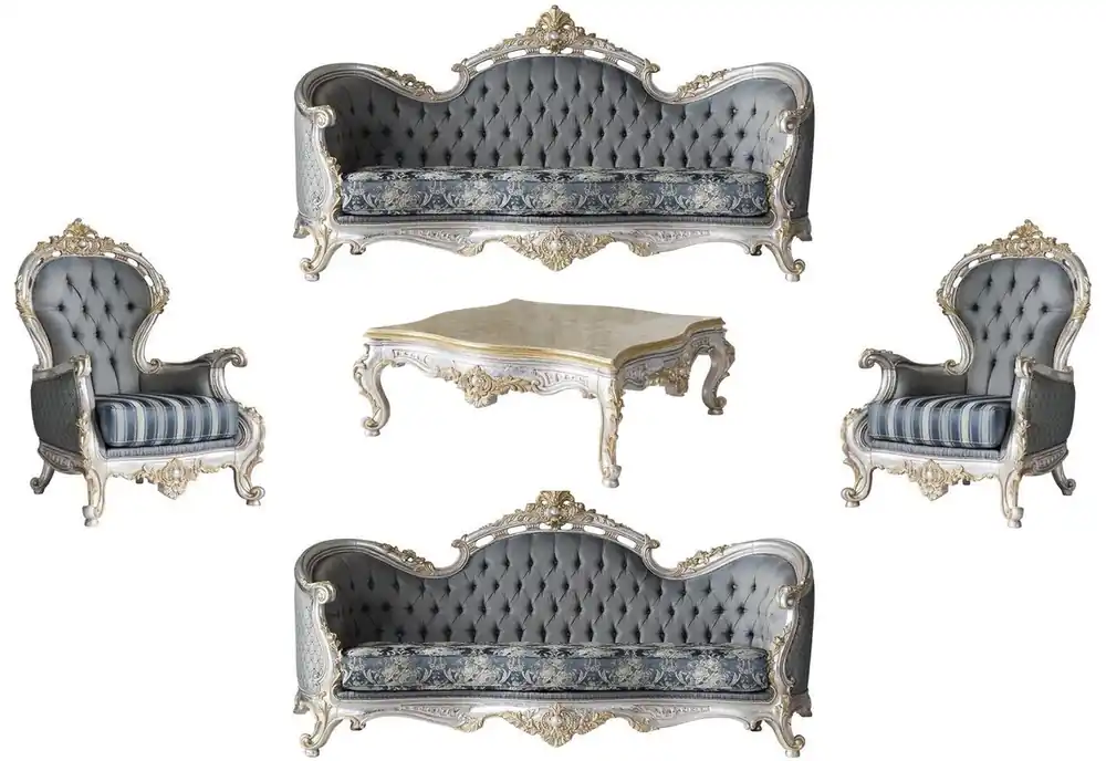Neue Ware Casa Padrino luxury baroque living room set gray / blue / silver / gold - 2 Sofas & 2 Armchairs & 1 Coffee Table - Magnificent living room furniture in baroque style