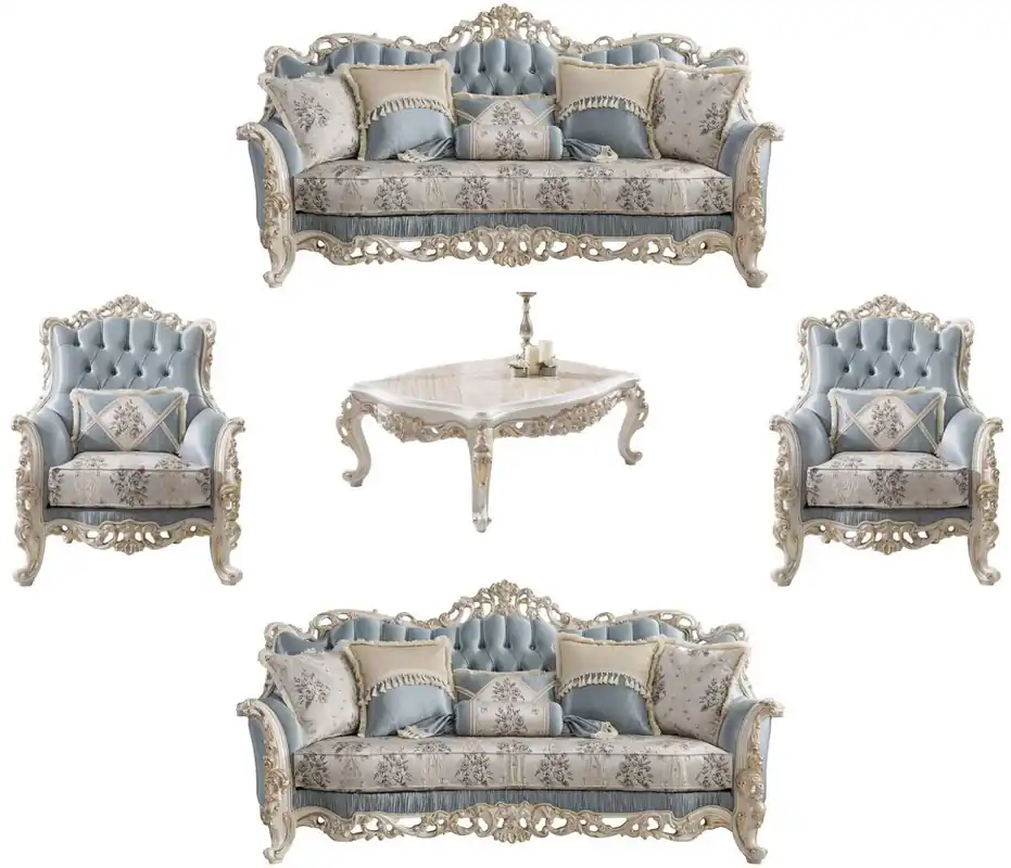 Jetzt Bestellen Casa Padrino luxury baroque living room set light blue / cream / white / gold - 2 Sofas & 2 Armchairs & 1 Coffee Table - Noble baroque living room furniture