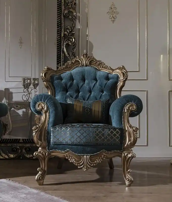 Knallerangebot Casa Padrino luxury baroque armchair blue / gold 97 x 90 x H. 115 cm - Living room armchair with elegant pattern and decorative pillow - Baroque living room furniture
