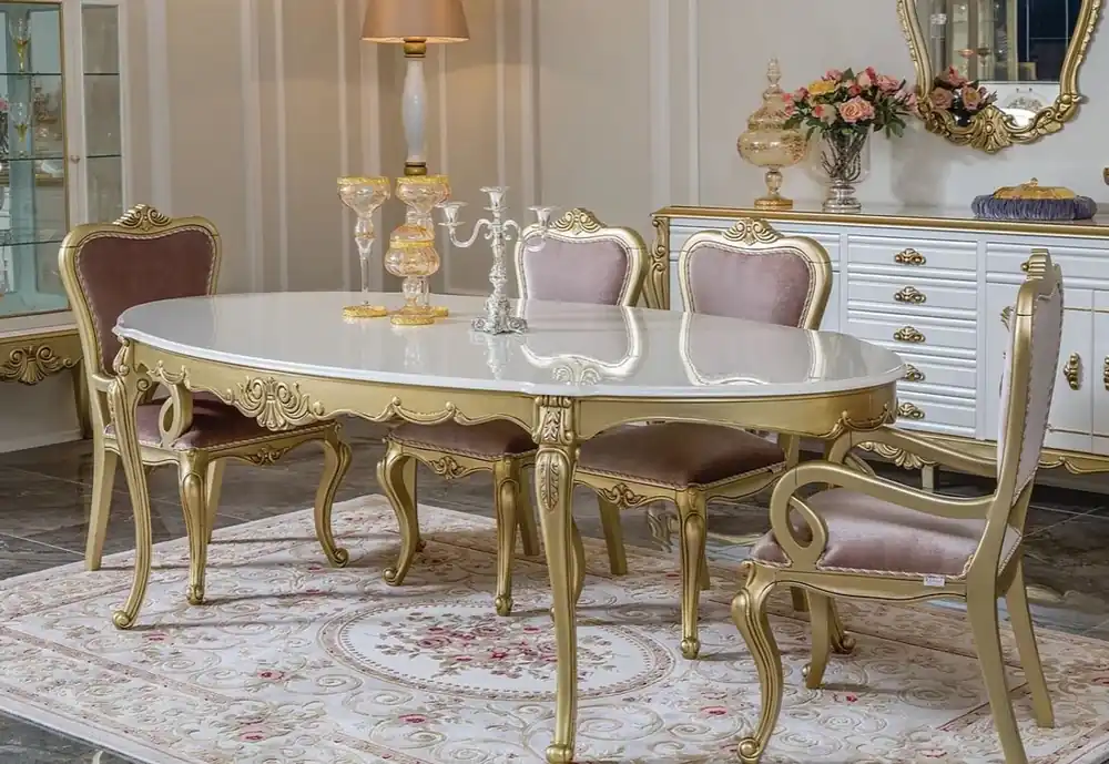 Preisreduziert Casa Padrino luxury baroque dining room set pink / white / gold - 1 Oval Dining Table & 6 Dining Chairs - Magnificent dining room furniture in baroque style