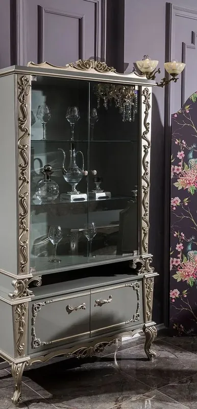 Casa Padrino luxury baroque display cabinet gray / silver 110 x 47 x H. 201 cm - Solid wood display cabinet in baroque style - Noble & Magnificent Geprüft