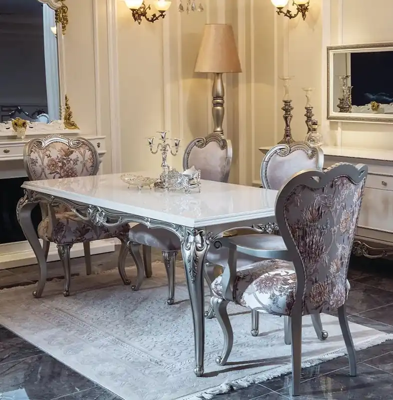 Casa Padrino luxury baroque dining room set pink / white / silver - 1 Dining Table & 6 Dining Chairs - Dining room furniture in baroque style - Noble baroque furniture Bestpreis