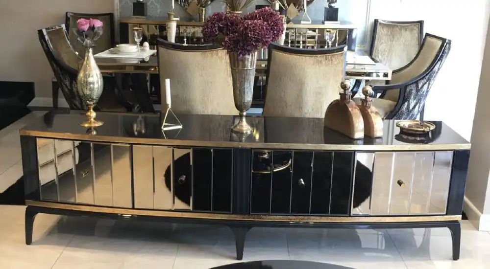 Begrenztes Angebot Casa Padrino luxury baroque TV cabinet black / gold 230 x 55 x H. 65 cm - Mirrored solid wood TV cabinet - Baroque living room furniture