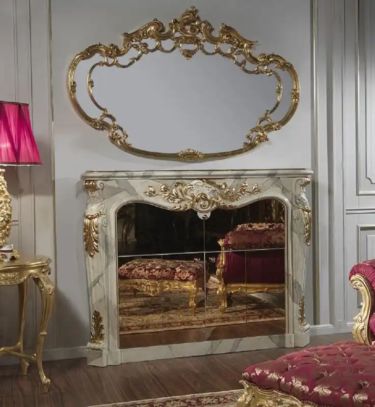 Nur Für Kurze Zeit Casa Padrino luxury baroque furniture set fireplace bar cabinet with wall mirror gray / gold - Mirrored faux marble fireplace bar with mirror - Hotel Restaurant Castle Furniture - Luxury Quality