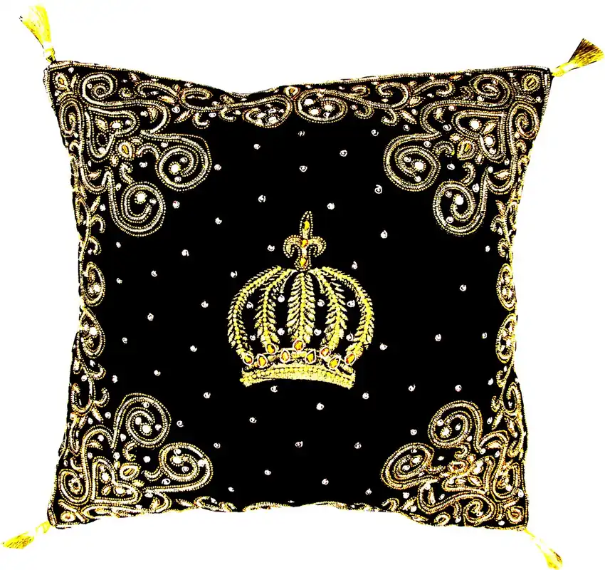 Harald Glööckler luxury baroque decorative pillow Pompöös by Casa Padrino crown black / gold intricately decorated with sequins and rhinestones Sichere Zahlung