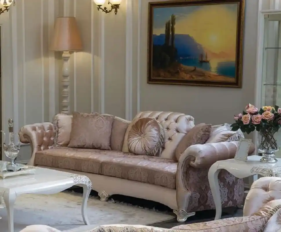 Garantierte Lieferung Casa Padrino luxury baroque living room sofa pink / purple / white / beige 265 x 97 x H. 84 cm - Solid wood sofa with elegant pattern and decorative pillows - Living room furniture in baroque style