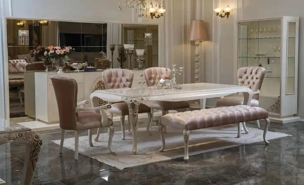 Casa Padrino luxury baroque dining room set pink / white / beige - 1 Dining Room Table & 4 Dining Chairs & 1 Bench - Baroque dining room furniture Geprüft
