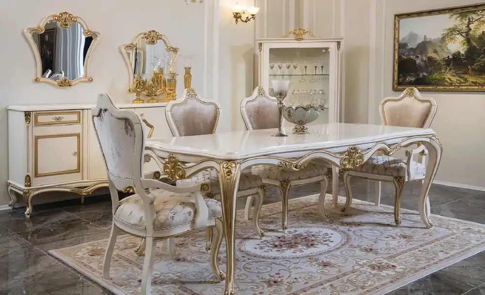Direktkauf Casa Padrino luxury baroque dining room set pink / white / gold - 1 Dining Table & 6 Dining Chairs - Dining room furniture in baroque style - Noble & Magnificent