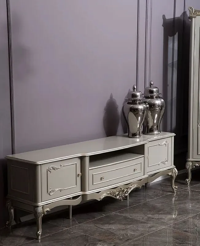 Neu Casa Padrino luxury baroque TV cabinet gray / silver 191 x 44 x H. 63 cm - Magnificent solid wood TV cabinet - Baroque living room furniture