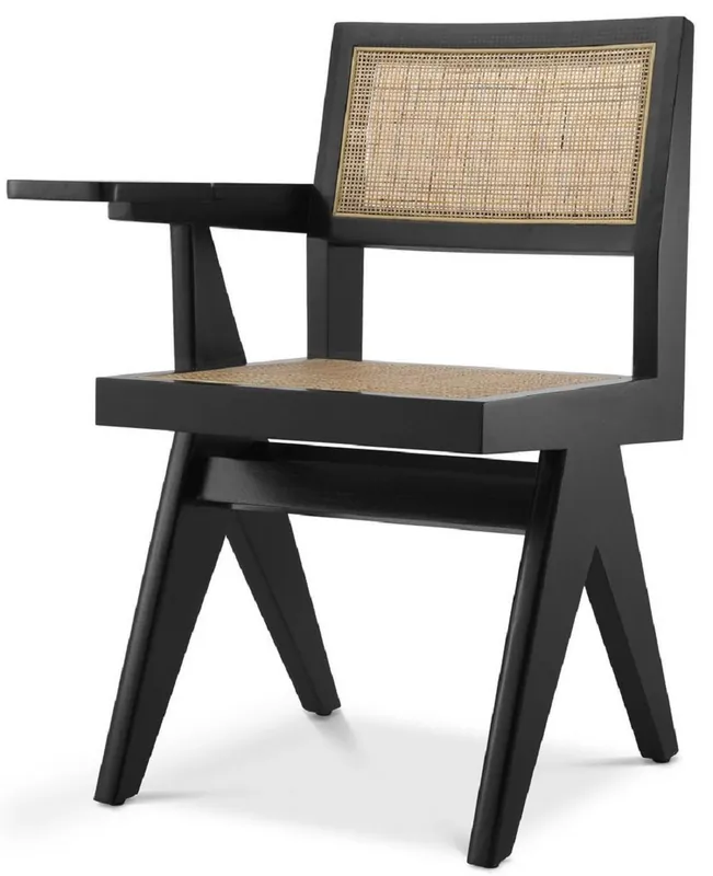 Letzte Chance Casa Padrino luxury office chair black / natural 44 x 54 x H. 85.5 cm - Solid wood chair with rattan wickerwork and shelf - Luxury office furniture