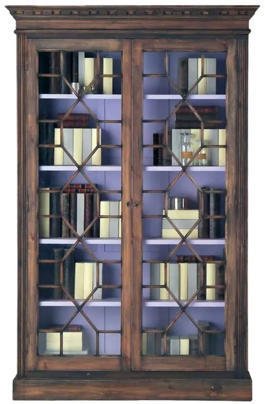 Geprüft Casa Padrino luxury country style bookcase brown / purple 138 x 42 x H. 214 cm - Handmade solid wood cabinet with 2 glass doors - Showcase - Noble country style solid wood furniture