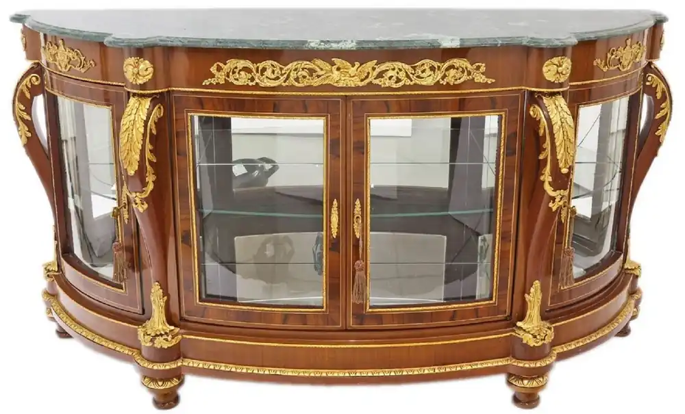Casa Padrino baroque solid wood sideboard with 4 glass doors and marble top brown / gold / green 175 x 50 x H. 95 cm - Showcase - Cabinet - Magnificent baroque furniture Ausverkauf