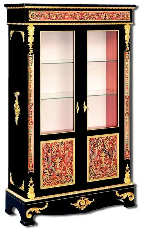 Casa Padrino Luxury Baroque Boulle Display Cabinet Black / Red / Gold 93 x 35 x H. 152 cm - Handcrafted Solid Wood Showcase with 2 Doors - Noble Baroque Furniture Schneller Versand