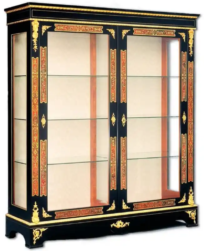 Casa Padrino Luxury Baroque Boulle Display Cabinet Black / Red / Gold 152 x 45 x H. 172 cm - Handcrafted Solid Wood Showcase with 2 Doors - Noble Baroque Furniture Echt
