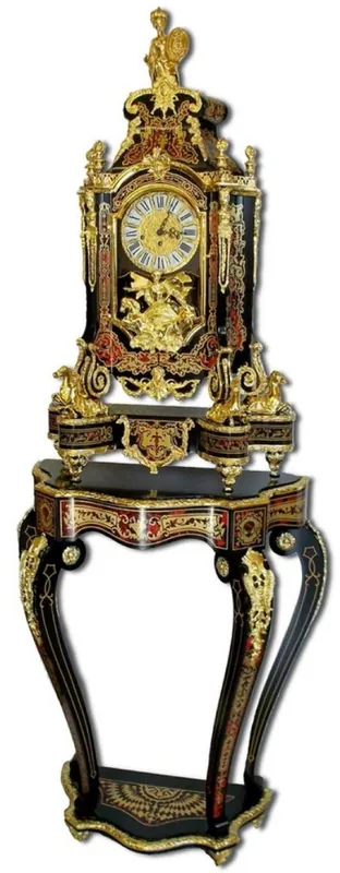 Kracherpreis Casa Padrino Luxury Baroque Boulle Console with Table Clock Black / Red / Gold 80 x 35 x H. 208 cm - Handcrafted Solid Wood Console Table with Clock - Baroque Furniture - Noble & Magnificent