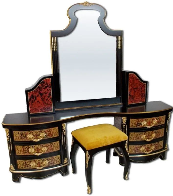 Must-Have Casa Padrino Luxury Baroque Boulle Bedroom Set Black / Red / Gold - 1 Dressing Table with Mirror & 1 Stool - Magnificent Bedroom Furniture in Baroque Style - Luxury Quality - Made in Italy