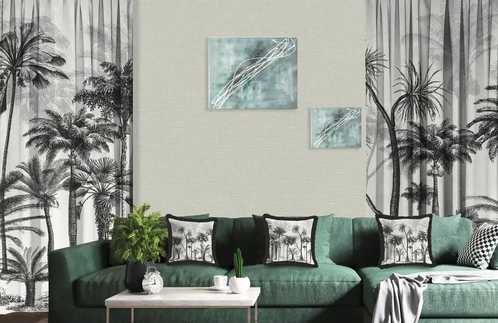 Aktuell Casa Padrino luxury curtain set palms gray / black 250 x H. 290 cm - Printed linen & velvet curtains - Eyelet curtains - Sliding curtains - Luxury Decorative Accessories
