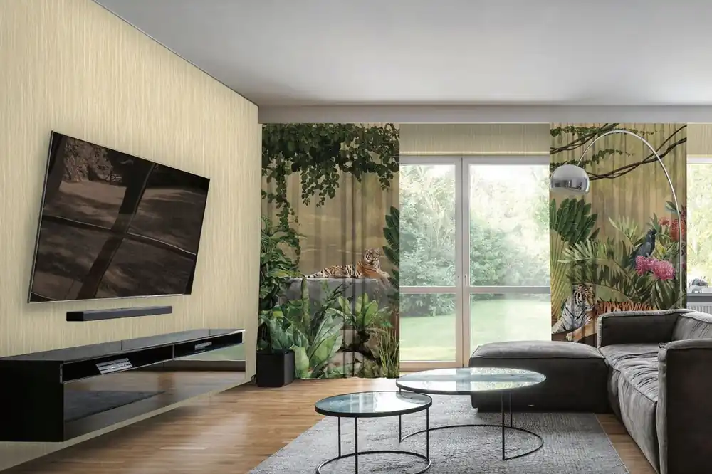 Schnäppchen Casa Padrino luxury curtain set jungle & tiger beige / multicolor 250 x H. 290 cm - Printed linen & velvet curtains - Eyelet curtains - Sliding curtains - Living Room Bedroom Curtains