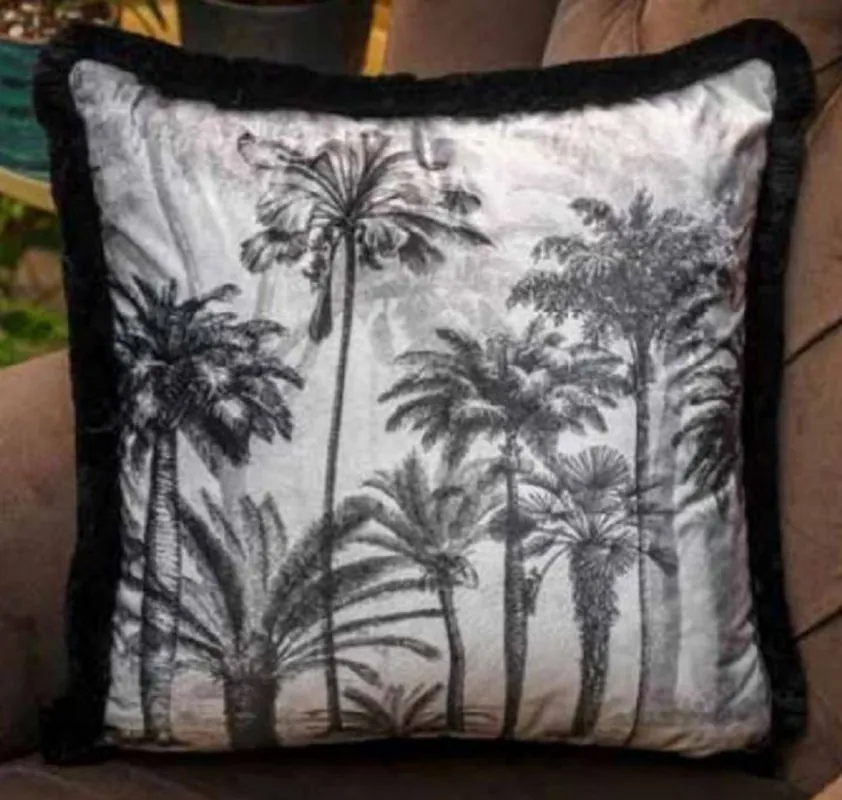 Preisreduziert Casa Padrino luxury decorative pillow palm trees design gray / black 45 x 45 cm - Printed velvet pillow with fringes - Decorative Accessories