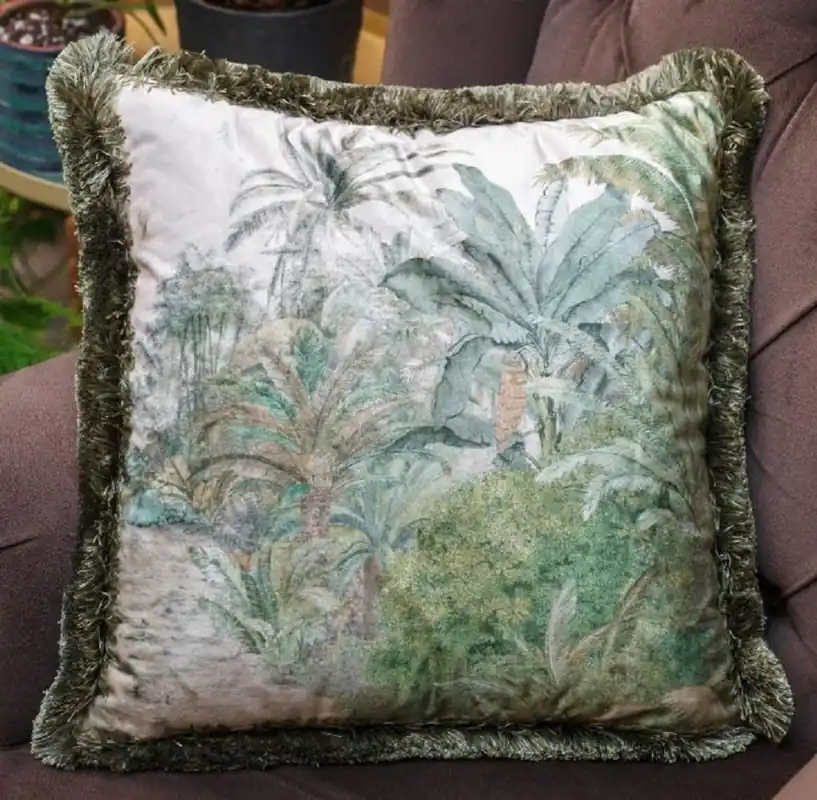Rabatt Casa Padrino luxury decorative pillow palm trees landscape cream / green 45 x 45 cm - Printed velvet pillow with fringes - Living room decoration accessories