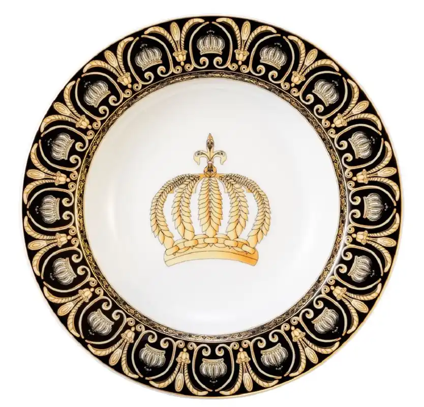 Harald Glööckler Pompöös Soup Plate with Crown White / Black / Gold Ø 22.3 x H. 3.7 cm - Round Porcelain Plate - designed by Harald Glööckler Solange Der Vorrat Reicht
