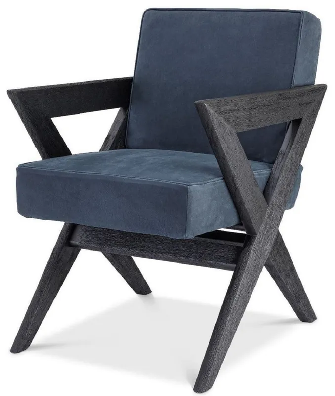 Casa Padrino luxury genuine leather dining chair with armrests blue / black 59 x 74 x H. 88 cm - Kitchen chair with fine nubuck buffalo leather - Luxury dining room furniture Markenprodukt