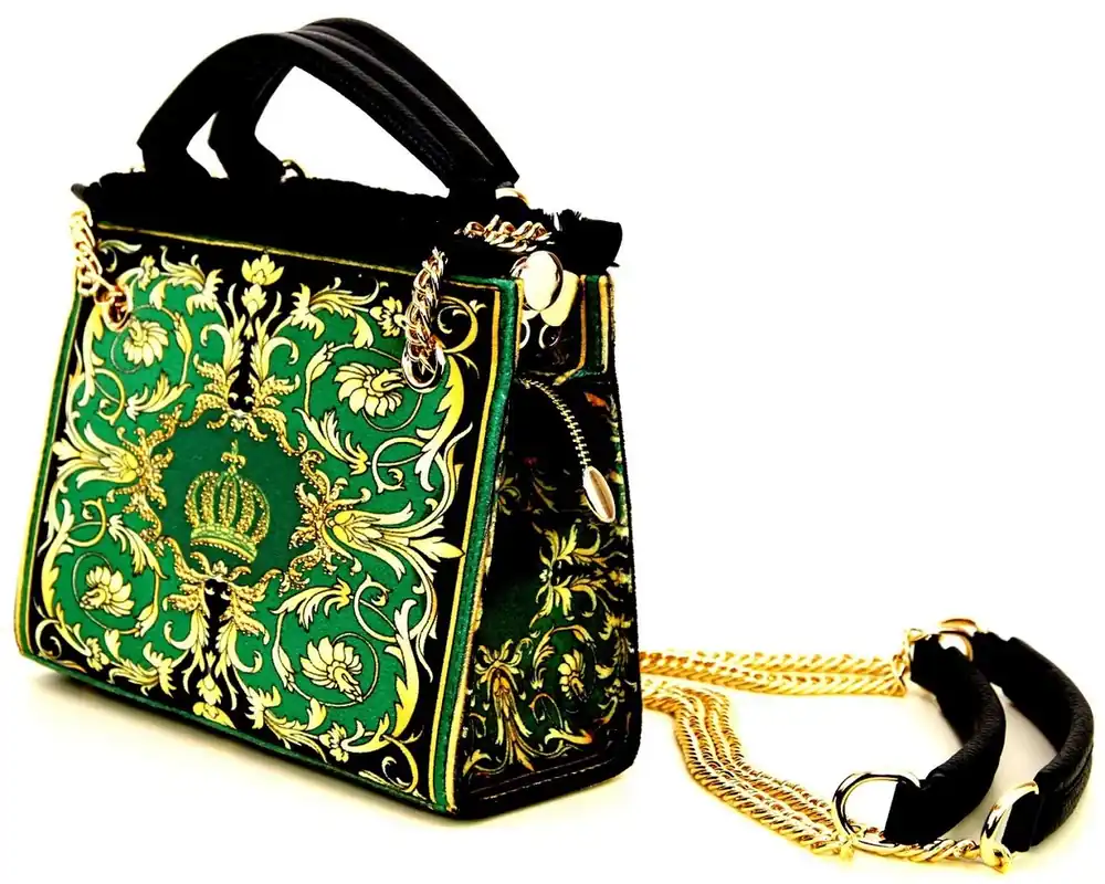 Preisknaller Pompöös by Casa Padrino Luxury Ladies Handbag Baroque Flowers with Crown and Rhinestones Green / Black / Gold 25 x H. 20 cm - designed by Harald Glööckler