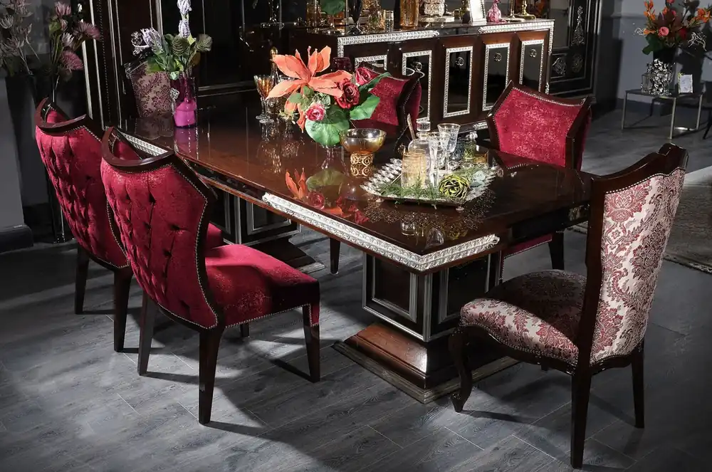 Casa Padrino luxury baroque dining room set bordeaux red / dark brown / silver - 1 Dining Table & 6 Dining Chairs - Dining room furniture in baroque style - Noble & Magnificent Mega-Angebot