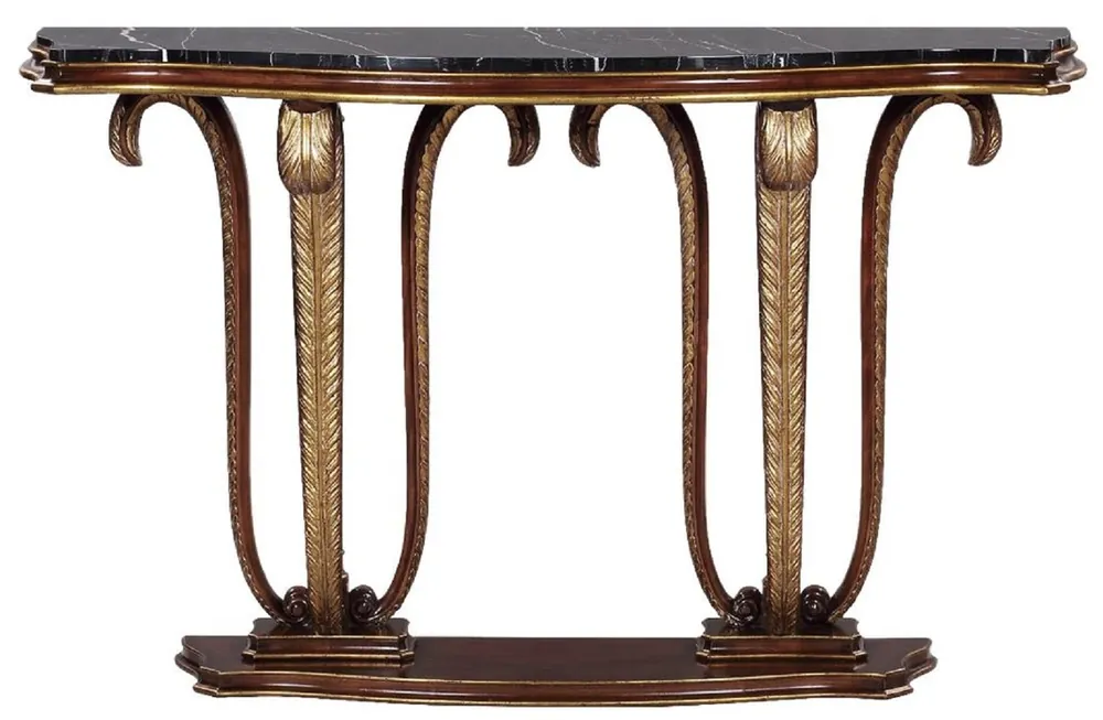 Casa Padrino luxury baroque console brown / gold / black 145 x 42 x H. 90 cm - Mahogany console table with decorative hand carved feathers and marble top - Noble furniture in baroque style Begrenztes Angebot