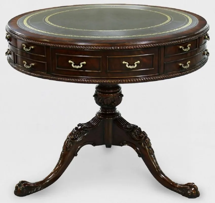 Letzte Chance Casa Padrino Luxury Baroque Side Table Brown / Green / Gold Ø 91 x H. 76 cm - Round Mahogany Table with 14 Drawers and Genuine Leather - Baroque Mahogany Furniture