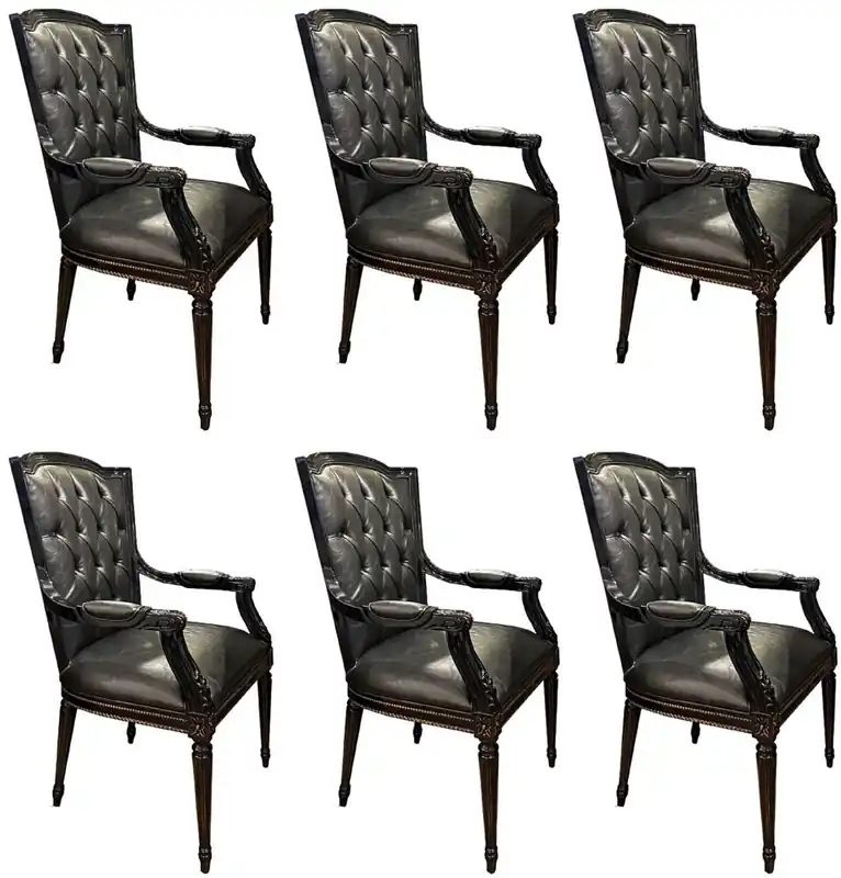 Neu Casa Padrino Luxury Baroque Dining Chair Set Black - 6 Genuine Leather Kitchen Chairs with Armrests - Baroque Dining Room Furniture - Noble & Magnificent
