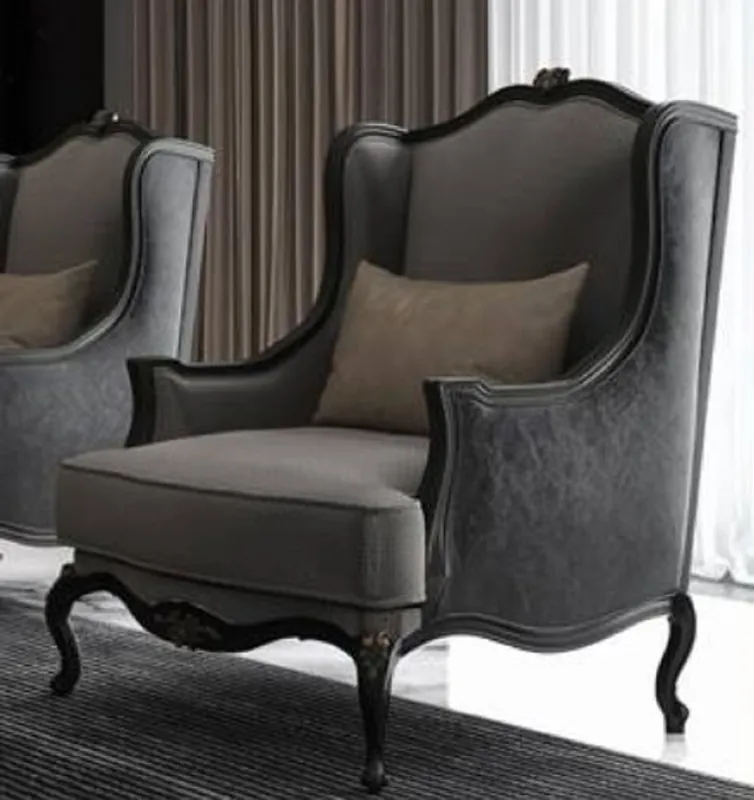 Casa Padrino luxury baroque wing chair gray / dark gray / black 78 x 80 x H. 108 cm - Noble living room armchair in baroque style - Baroque living room furniture Knallerangebot