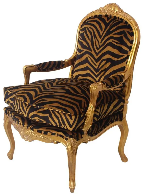 Casa Padrino luxury baroque armchair gold / black / gold 69 x 77 x H. 108 cm - Noble mahogany living room armchair with elegant tiger pattern - Baroque Furniture Neue Kollektion