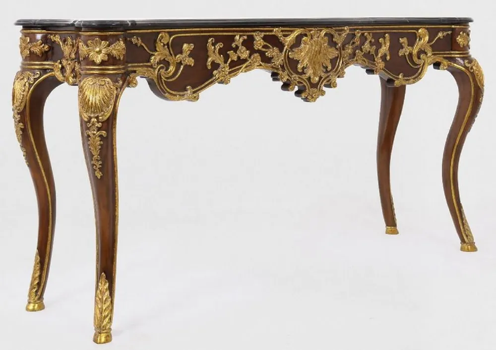 Neuheit Casa Padrino luxury baroque console dark brown / gold / black 155 x 45 x H. 80 cm - Mahogany console table with noble decorations and marble top - Furniture in baroque style