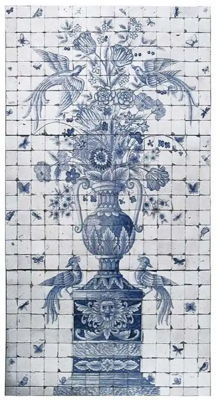 Casa Padrino luxury baroque decoration wall painting vase with flowers and birds white / gray / blue 155 x H. 280 cm - Handmade & hand painted natural stone mosaic tiles - Baroque wall decoration Geprüft