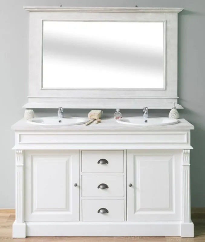 Casa Padrino Country Style Bathroom Set White / Light Gray - 1 Double Washstand & 1 Wall Mirror - Solid Wood Bathroom Furniture in Country Style Knallerangebot