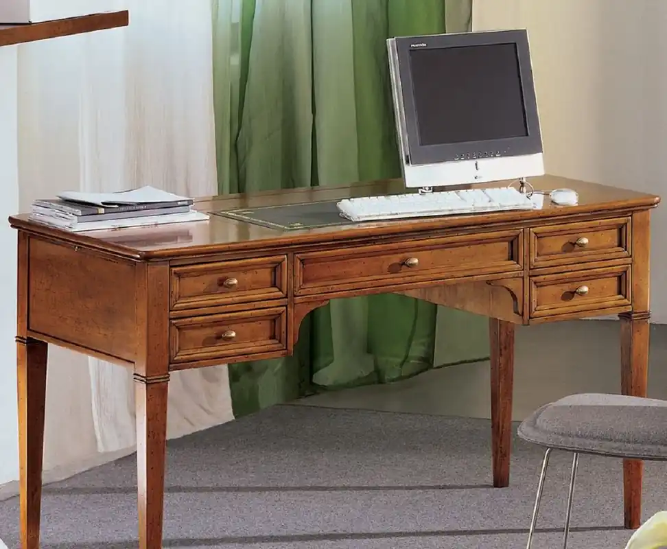 Casa Padrino Luxury Art Nouveau Desk Brown / Antique Brass / Green / Gold 140 x 70 x H. 80 cm - Solid Wood Office Table with 5 Drawers - Baroque & Art Nouveau Office Furniture - Luxury Quality Versand Am Gleichen Tag